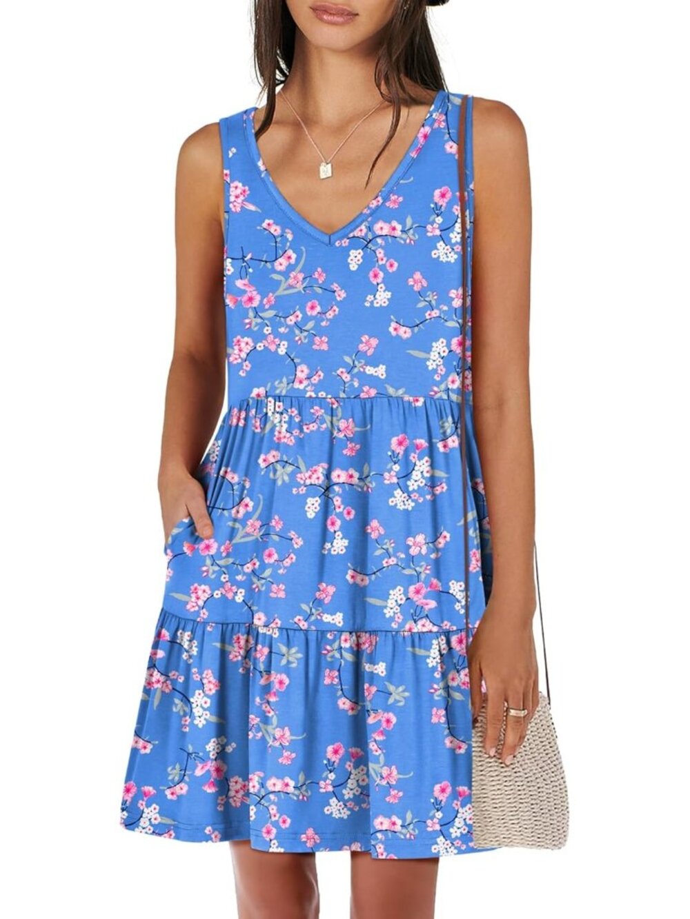 Women's Blue Floral Summer Casual Tank Dress Sleeveless V Neck T Shirt Sundress